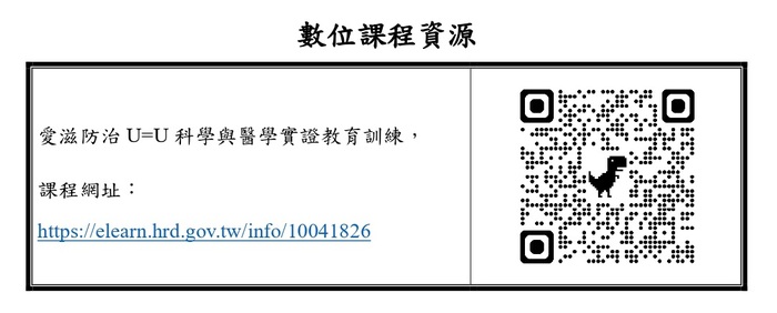 函轉衛生福利部疾病管制署(以下簡稱疾管署)製作之「愛滋防治U=U科學與醫學實證教育訓練」數位課程連結圖片
